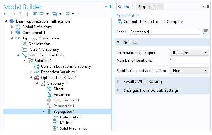 A close-up view of the COMSOL Multiphysics UI showing the Model Builder with the Segregated solver highlighted and the corresponding Settings window with the General section expanded.