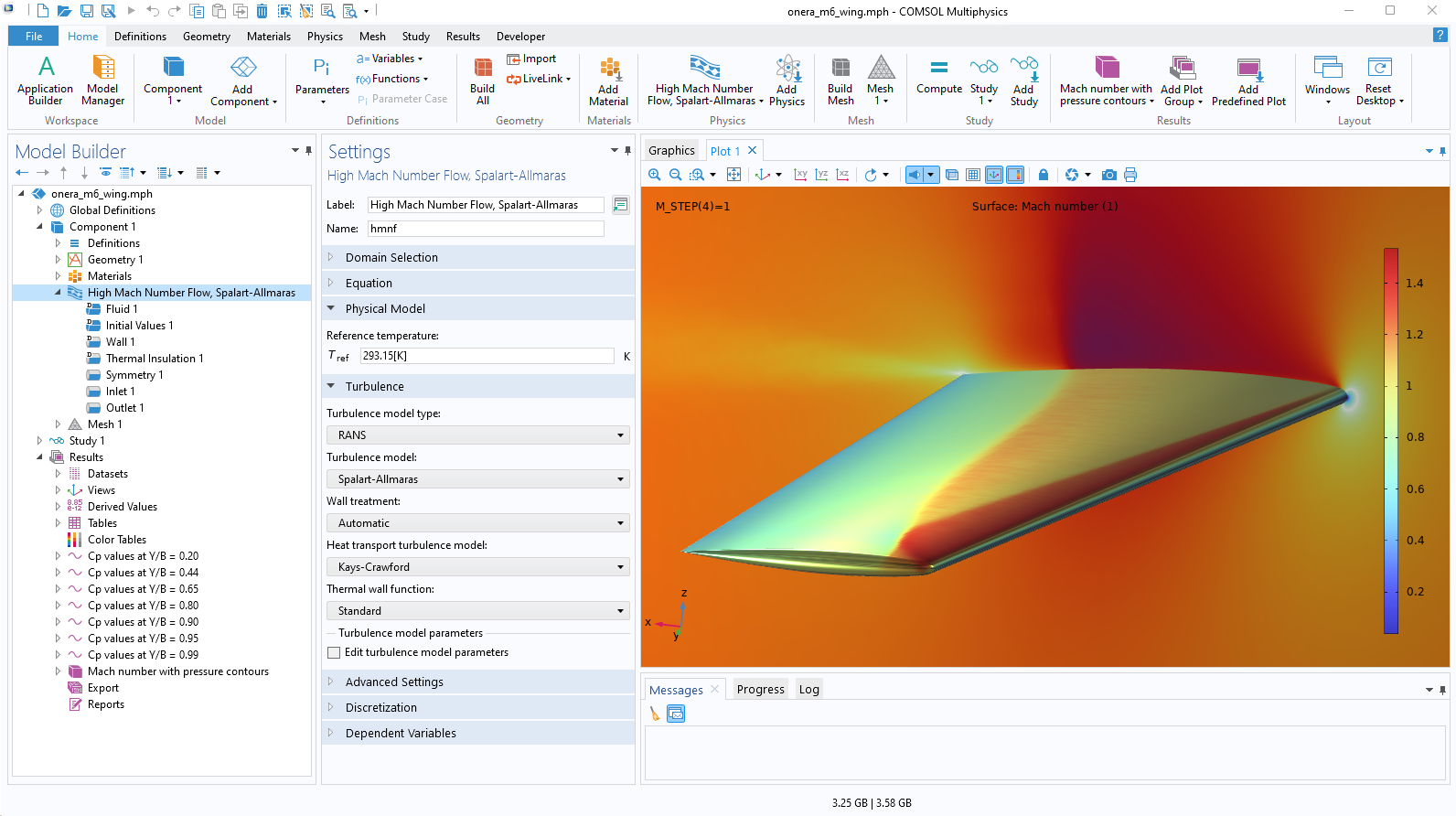 The COMSOL Multiphysics software UI with the High Mach Number Flow interface highlighted and an ONERA-M6 wing model in the Graphics window.