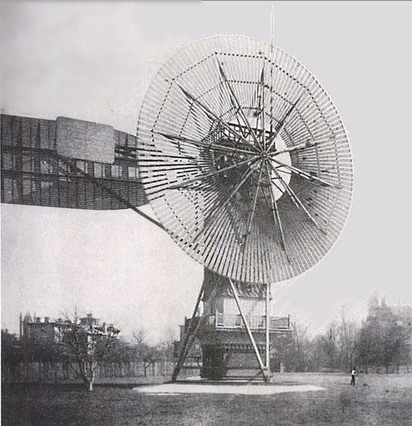 A black and white photograph of Charles F. Brush's wind turbine.