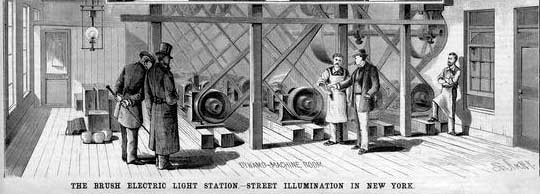 A sketch of the Brush Electric Company's central power plant's dynamo room in New York.