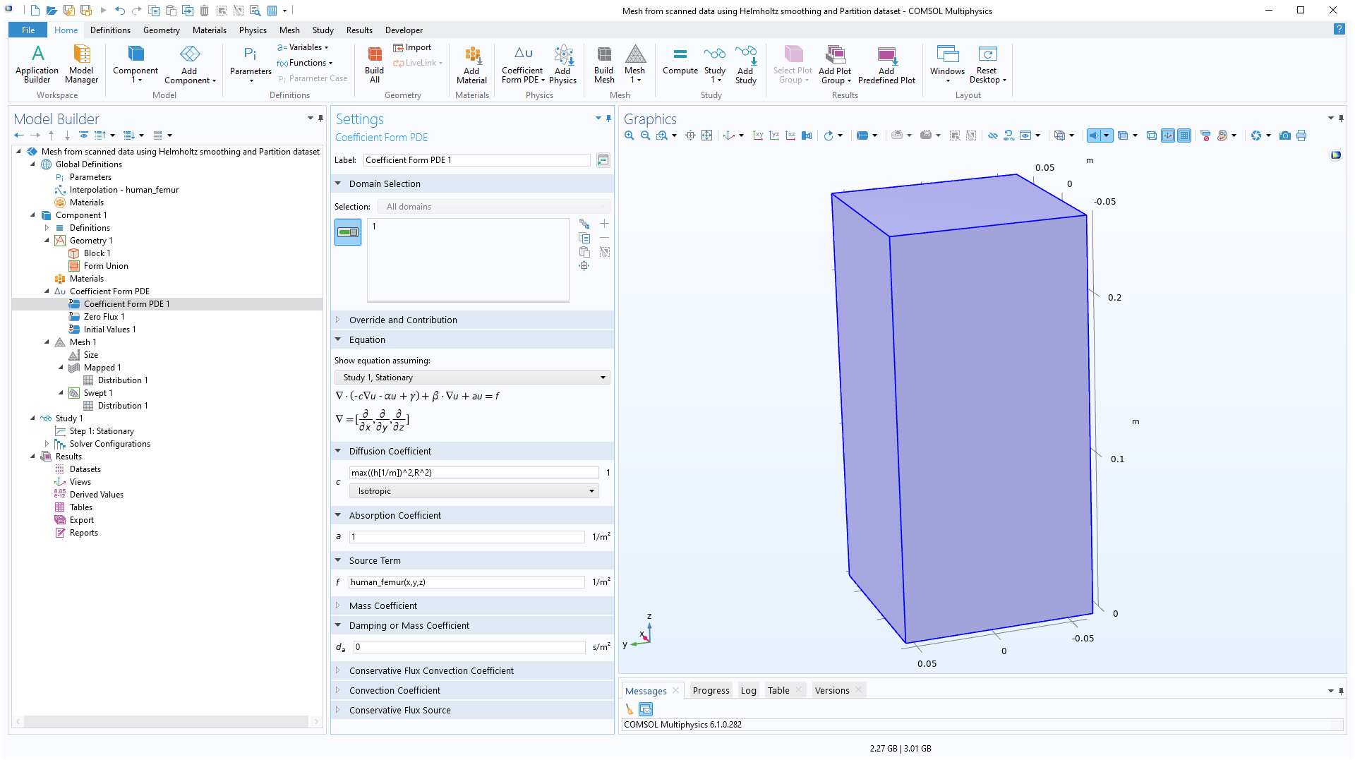 The COMSOL Multiphysics software UI with the Coefficient Form PDE interface highlighted and a rectangular model in the Graphics window.