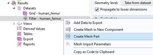 A close-up of the Create Mesh Part option.