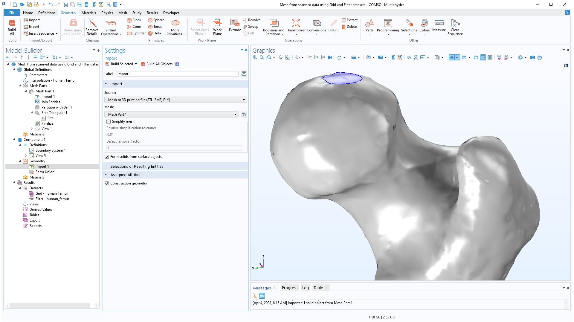 The COMSOL Multiphysics software UI with the import node highlighted and a femur geometry in the Graphics window.