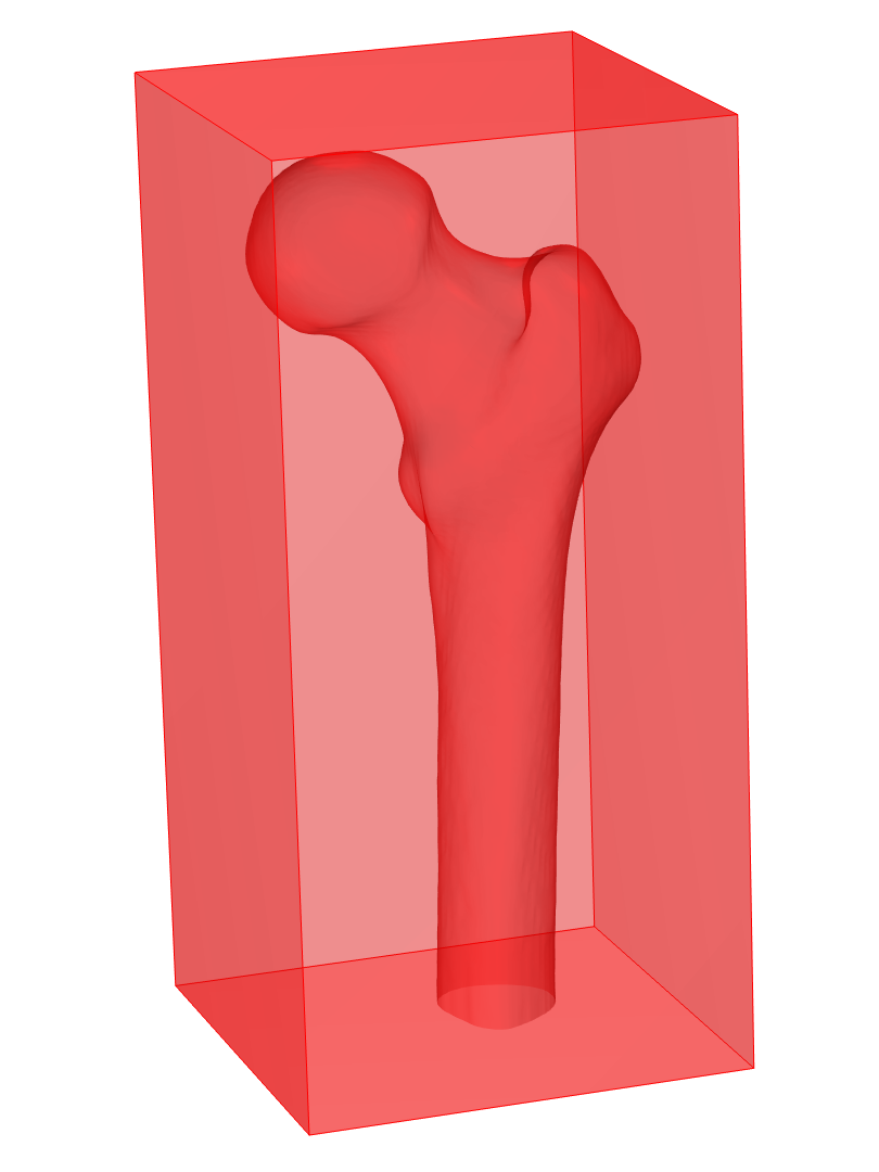 A plot of the Partition dataset is shown in red, where a mesh of a femur is inside of a block domain.