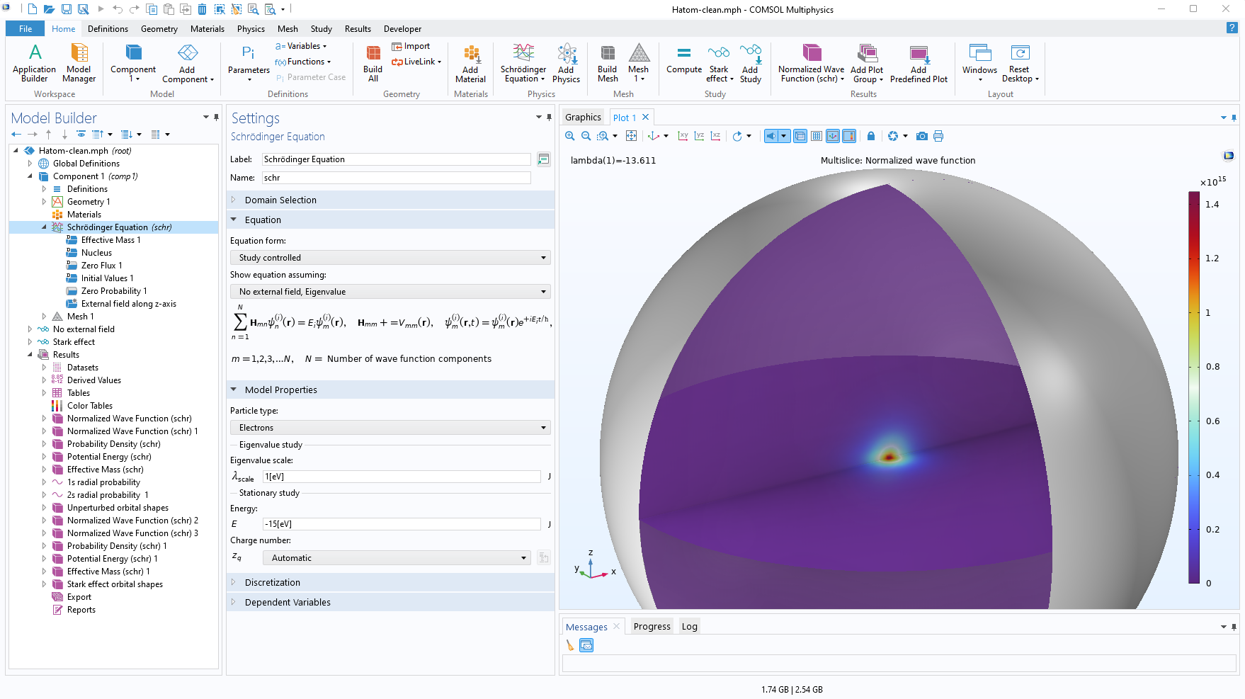The COMSOL Multiphysics software UI with the Schrodinger Equation interface highlighted and a hydrogen atom model in the Graphics window.