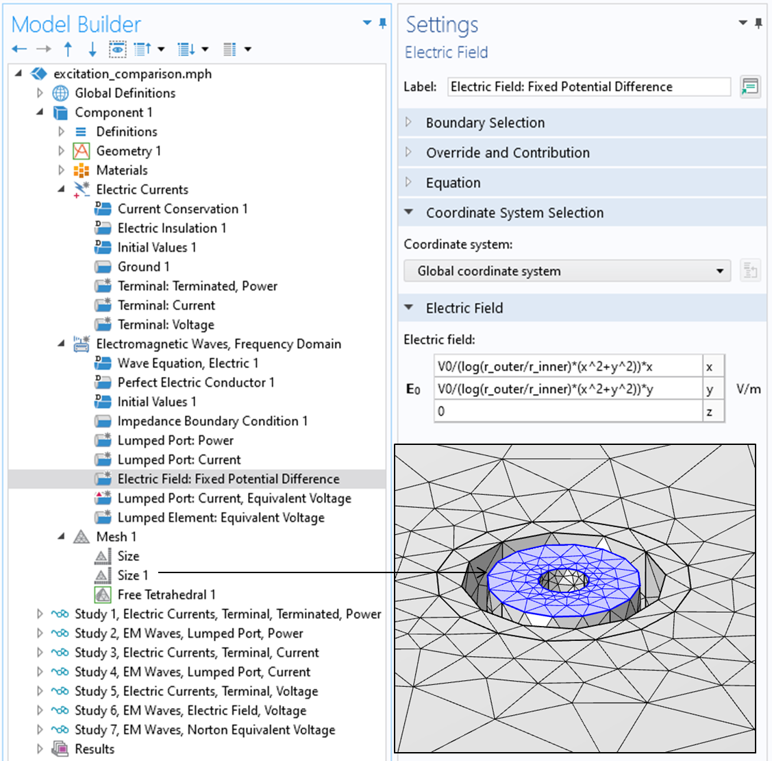 A close-up view of the COMSOL Multiphysics UI showing the Model Builder with the Electric Field: Fixed Potential Difference highlighted and the corresponding Settings window with the Coordinate System Selection and Electric Field section expanded.