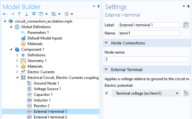 A close-up view of the COMSOL Multiphysics UI showing the Model Builder with the External I-terminal 1 node highlighted and the corresponding Settings window with the Node Connections and External Terminal section expanded.