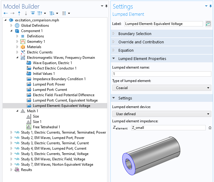 A close-up view of the COMSOL Multiphysics UI showing the Model Builder with the Lumped Element: Equivalent Voltage node highlighted and the corresponding Settings window with the Lumped Element Properties and Settings sections expanded.