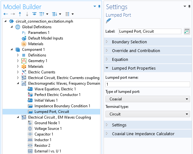 A close-up view of the COMSOL Multiphysics UI showing the Model Builder with the Lumped Port, Circuit node highlighted and the corresponding Settings window with the Lumped Port Properties section expanded.