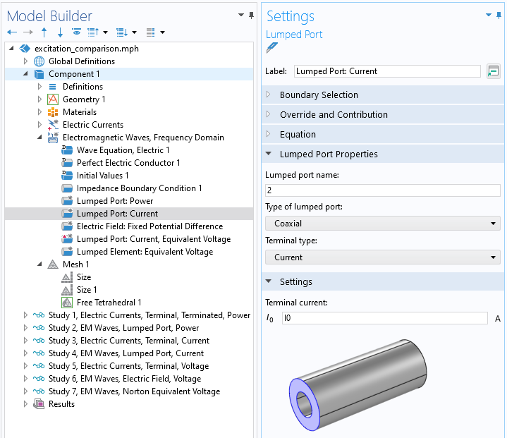 A close-up view of the COMSOL Multiphysics UI showing the Model Builder with the Lumped Port: Current node highlighted and the corresponding Settings window with the Lumped Port Properties and Settings section expanded.