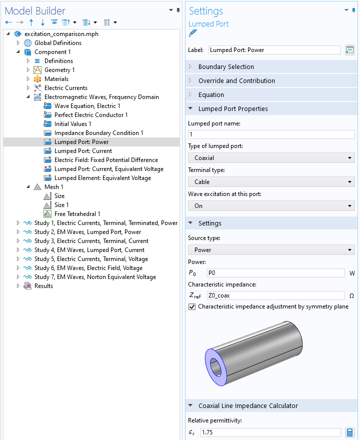 A close-up view of the COMSOL Multiphysics UI showing the Model Builder with the Lumped Port: Power node highlighted and the corresponding Settings window with the Lumped Port Properties, Settings, and Coaxial Line Impedance Calculator sections expanded.