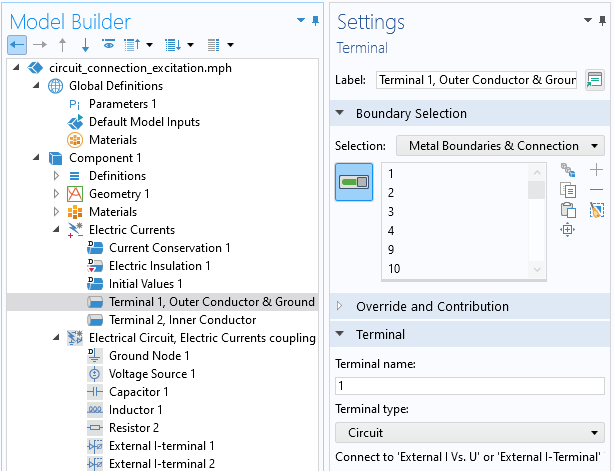 A close-up view of the COMSOL Multiphysics UI showing the Model Builder with the Terminal 1, Outer Conductor & Ground node highlighted and the corresponding Settings window with the Boundary Selection and Terminal sections expanded.
