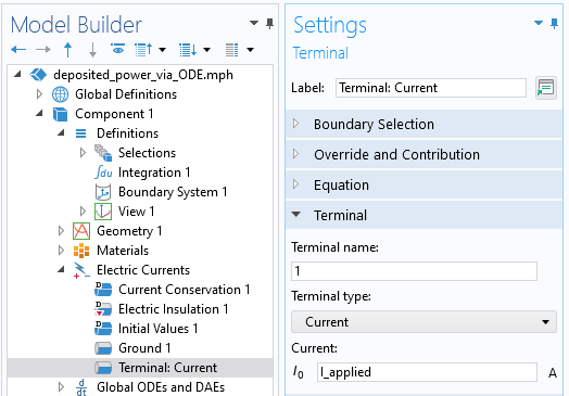 A close-up view of the COMSOL Multiphysics UI showing the Model Builder with the Terminal: Current node highlighted and the corresponding Settings window with the Terminal section expanded.