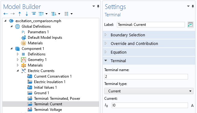 A close-up view of the COMSOL Multiphysics UI showing the Model Builder with the Terminal: Current node highlighted and the corresponding Settings window with the Terminal section expanded.