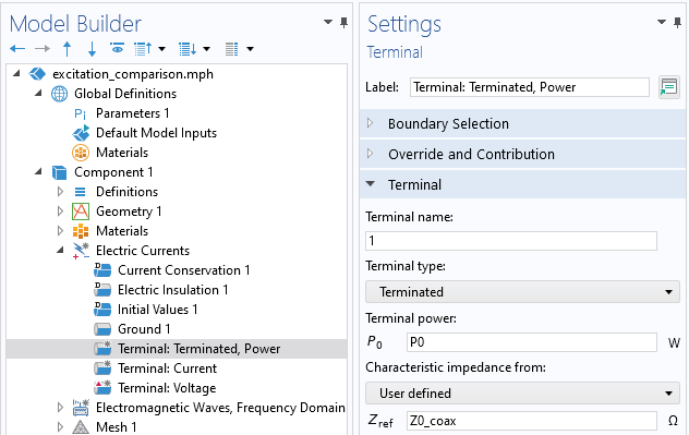 A close-up view of the COMSOL Multiphysics UI showing the Model Builder with the Terminal: Terminated, Power node highlighted and the corresponding Settings window with the Terminal section expanded.