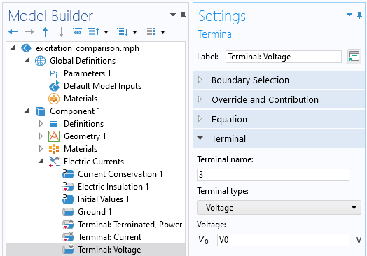 A close-up view of the COMSOL Multiphysics UI showing the Model Builder with the Terminal: Voltage node highlighted and the corresponding Settings window with the Terminal section expanded.