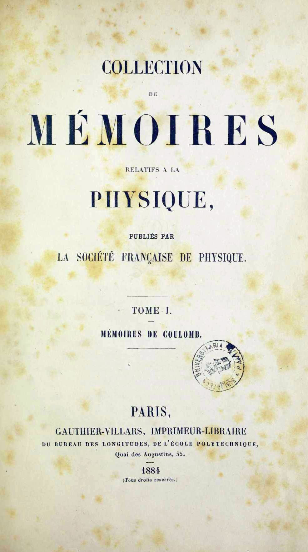 The cover page for Coulomb's reprinted collection of memoirs.