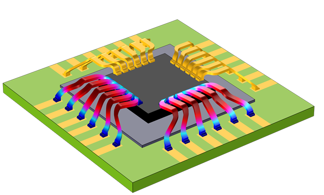 A model of a square chip with bond wires.