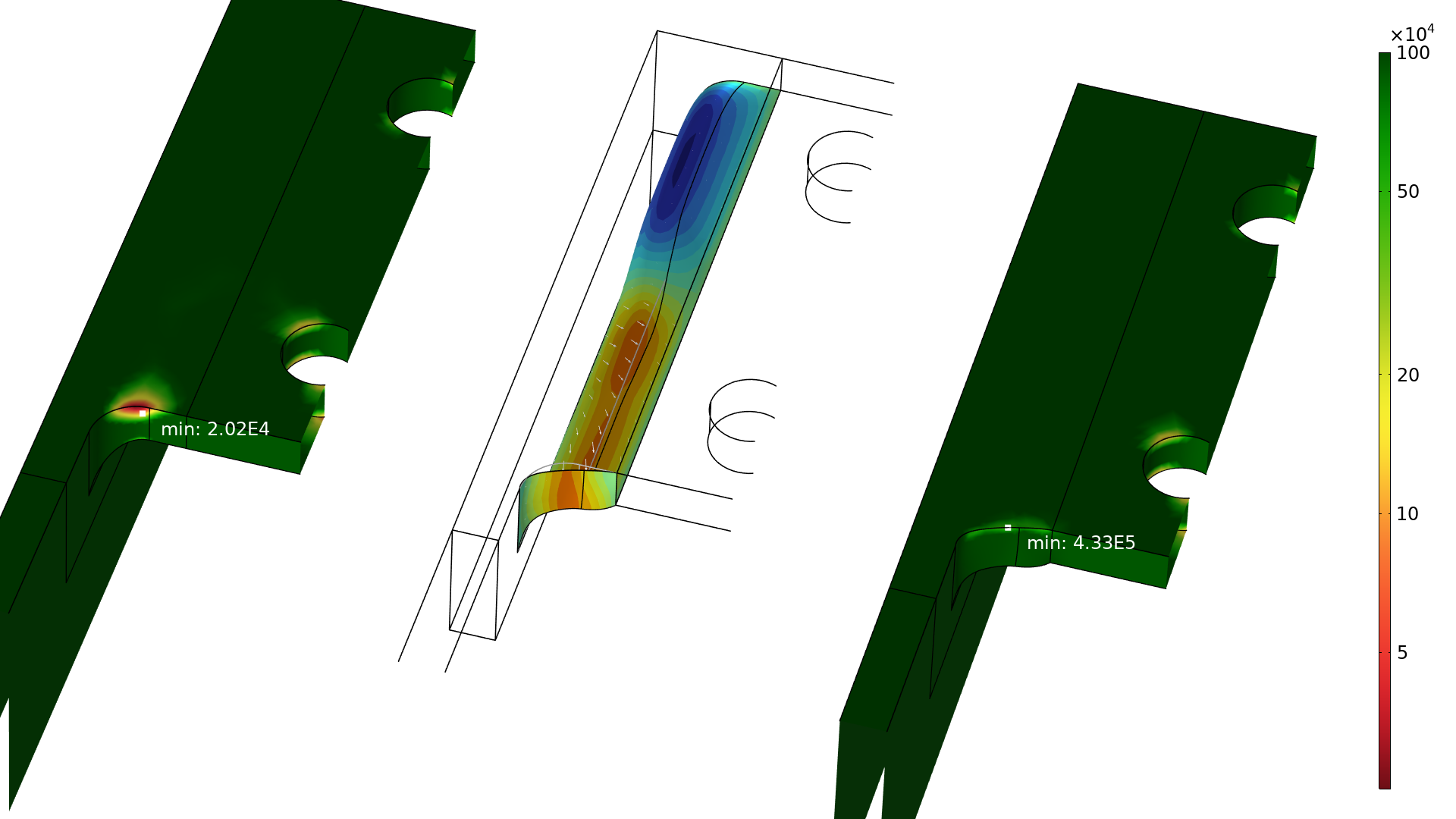 支架模型的两个特写图显示了初始圆角设计(左)和形状优化设计(右)之间失效循环次数的增加。中间图说明了形状的变化，彩虹色比例对应于添加或删除材料的区域。