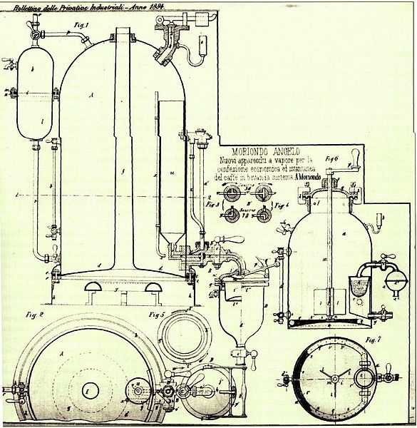 An illustration of the first espresso machine.