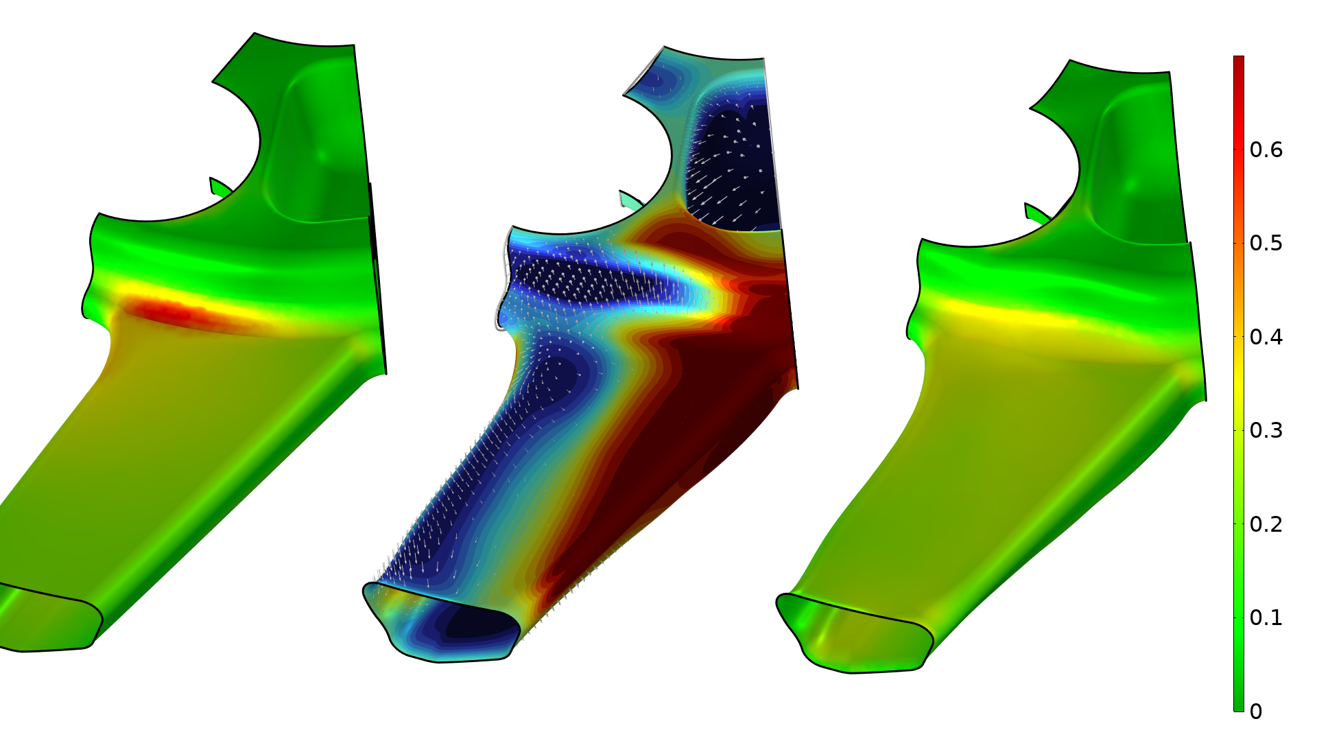 Two close-up plots of a cutout of the wheel rim model show the decrease in the fatigue usage factor between the initial fillet design (left) and the shape-optimized design (right). In the middle, a plot illustrates the shape change, with a color scale corresponding to areas where material has been added or removed.