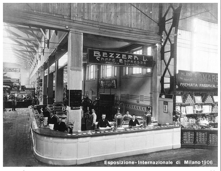 A grayscale image of Luigi Bezzera at the World Expo in 1906.