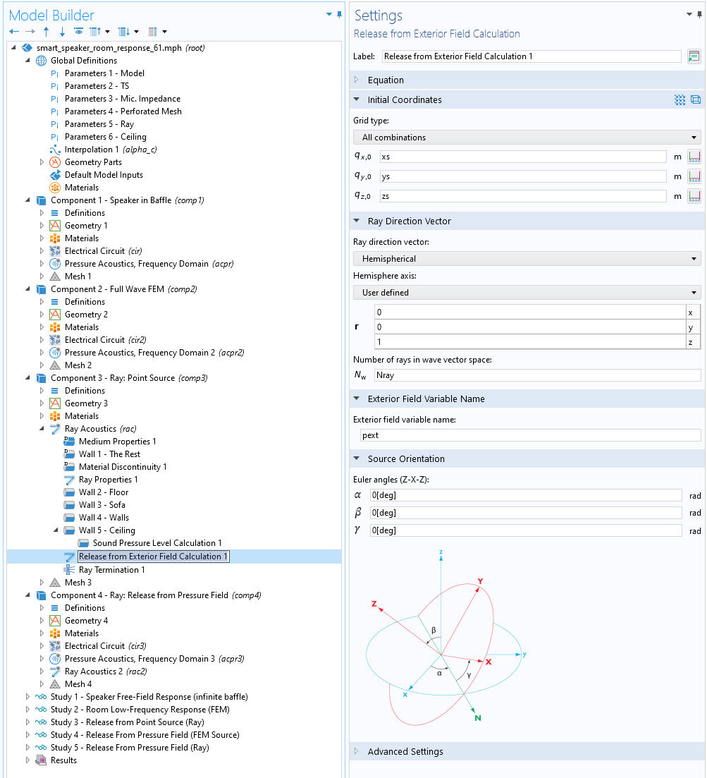 The COMSOL Multiphysics UI showing the Model Builder with the Release from Exterior Field feature selected and the corresponding Settings window that shows the source orientation settings and more.