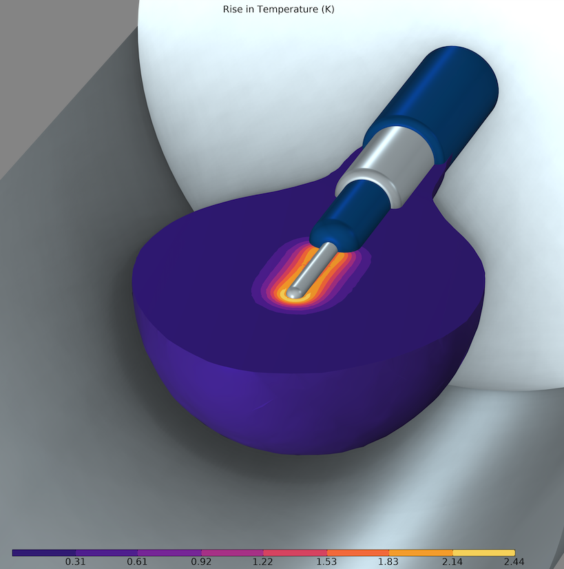 An image showing the rise in temperature computed in a 3D model of a coaxial probe.