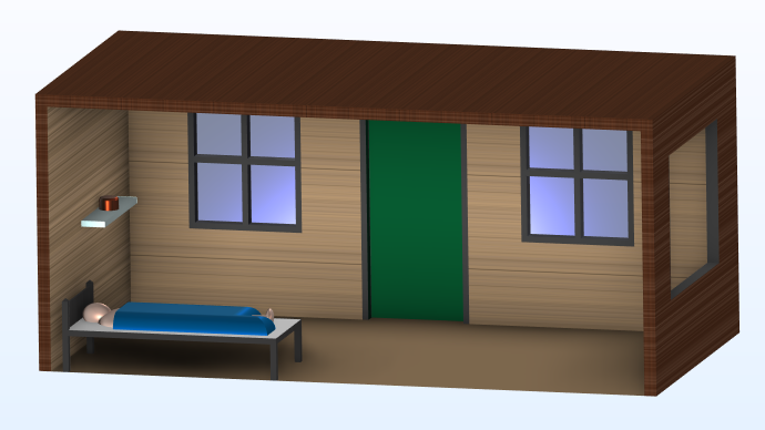 A model of the inside of a wooden cabin with two closed windows, one open window, and a green door. Across from the open window there is a person sleeping in a bed with a mosquito trap above them.
