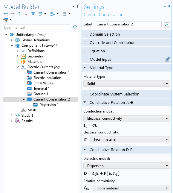 A view of the COMSOL Multiphysics UI showing the Model Builder with the Current Conservation 2 feature highlighted and the corresponding Settings window.