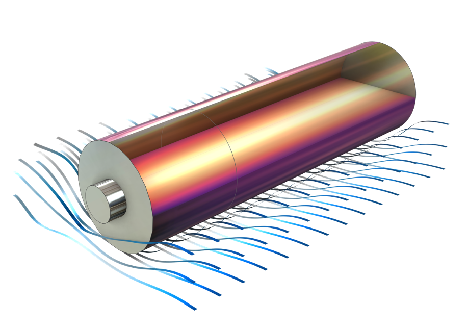 圆柱形电池模型显示了整个电池底部的温度，用粉色和紫色表示，用蓝色流线表示电池下面的电流流量。