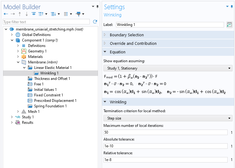 A closeup view of the COMSOL Multiphysics UI showing the Model Builder with the Wrinkling subnode highlighted and the corresponding Settings window with the Equation and Wrinkling sections expanded.