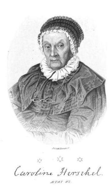 A black-and-white portrait of Caroline Herschel.
