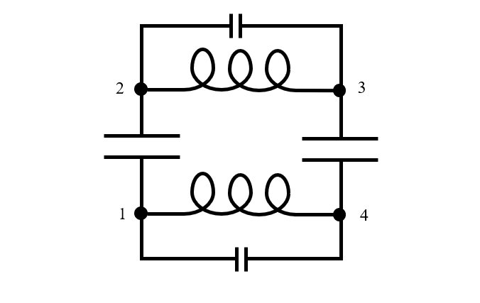 A schematic of an equivalent circuit model of two finite-sized lossless capacitors connected in series.