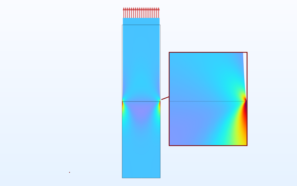 Un modèle de barre dans laquelle la partie inférieure est plus rigide que la partie supérieure, avec un encart montrant une vue rapprochée des contraintes dans la direction du chargement.