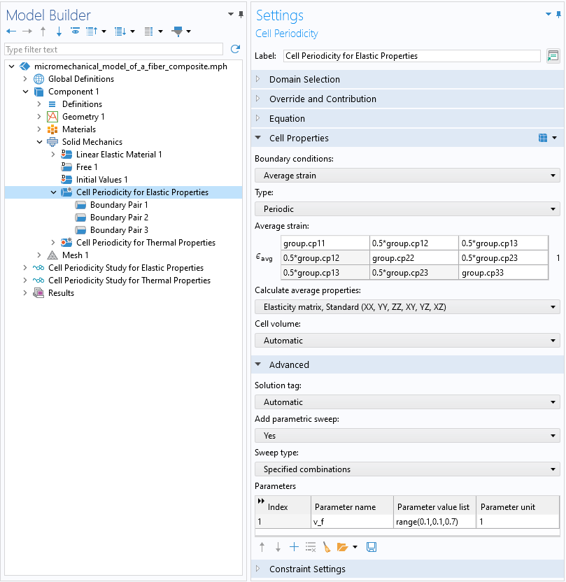 The COMSOL Multiphysics UI showing the Model Builder with the Cell Periodicity for Elastic Properties feature highlighted and the corresponding Settings window with the Cell Properties and Advanced sections expanded.
