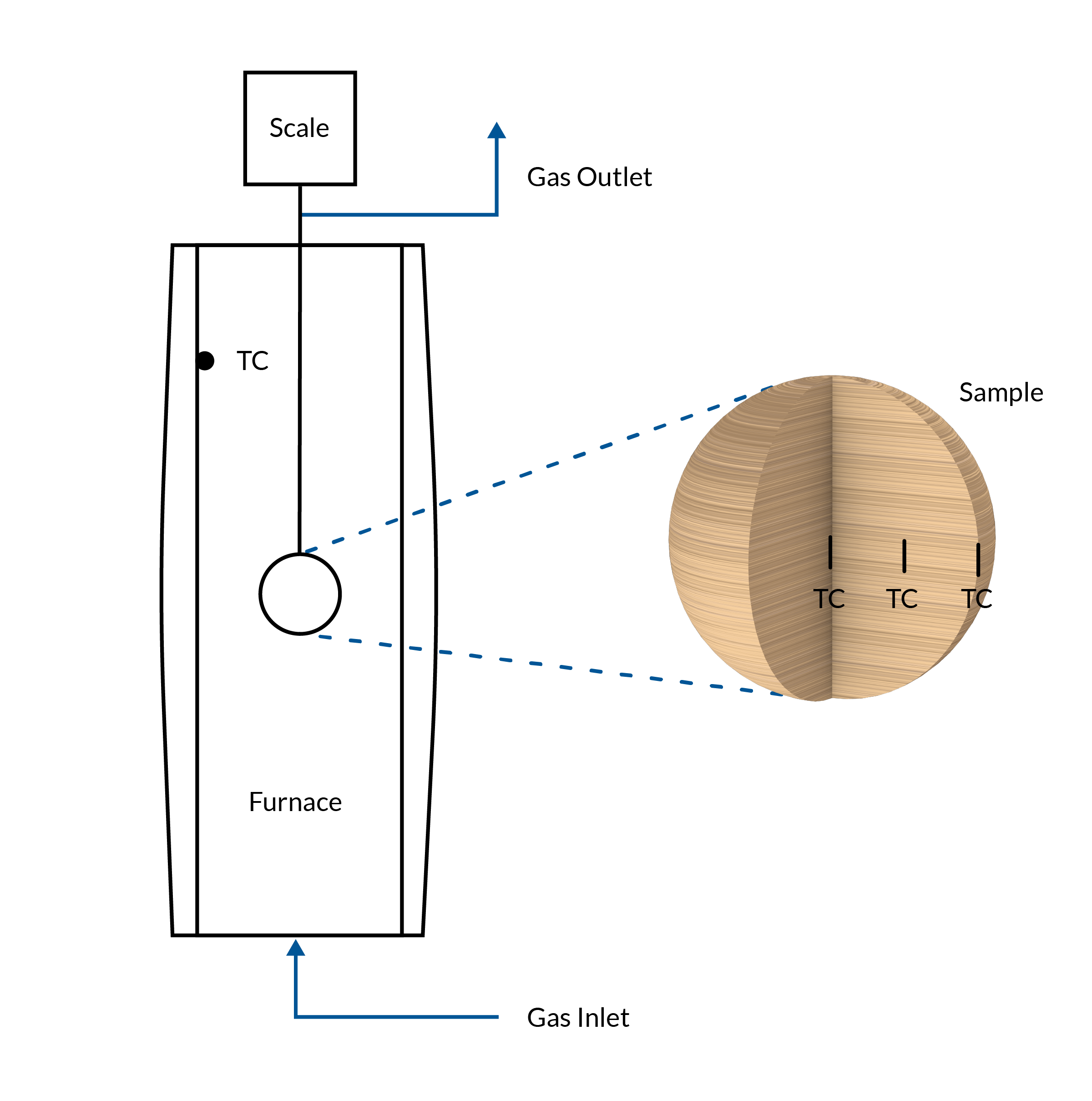展示实验系统的示意图，包括等温炉内的木材颗粒。