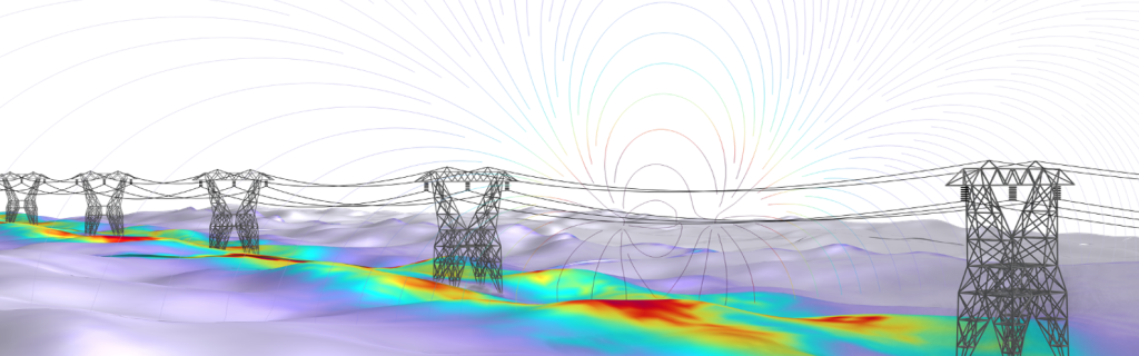 A model illustrating five power lines sending electricity over long distances.