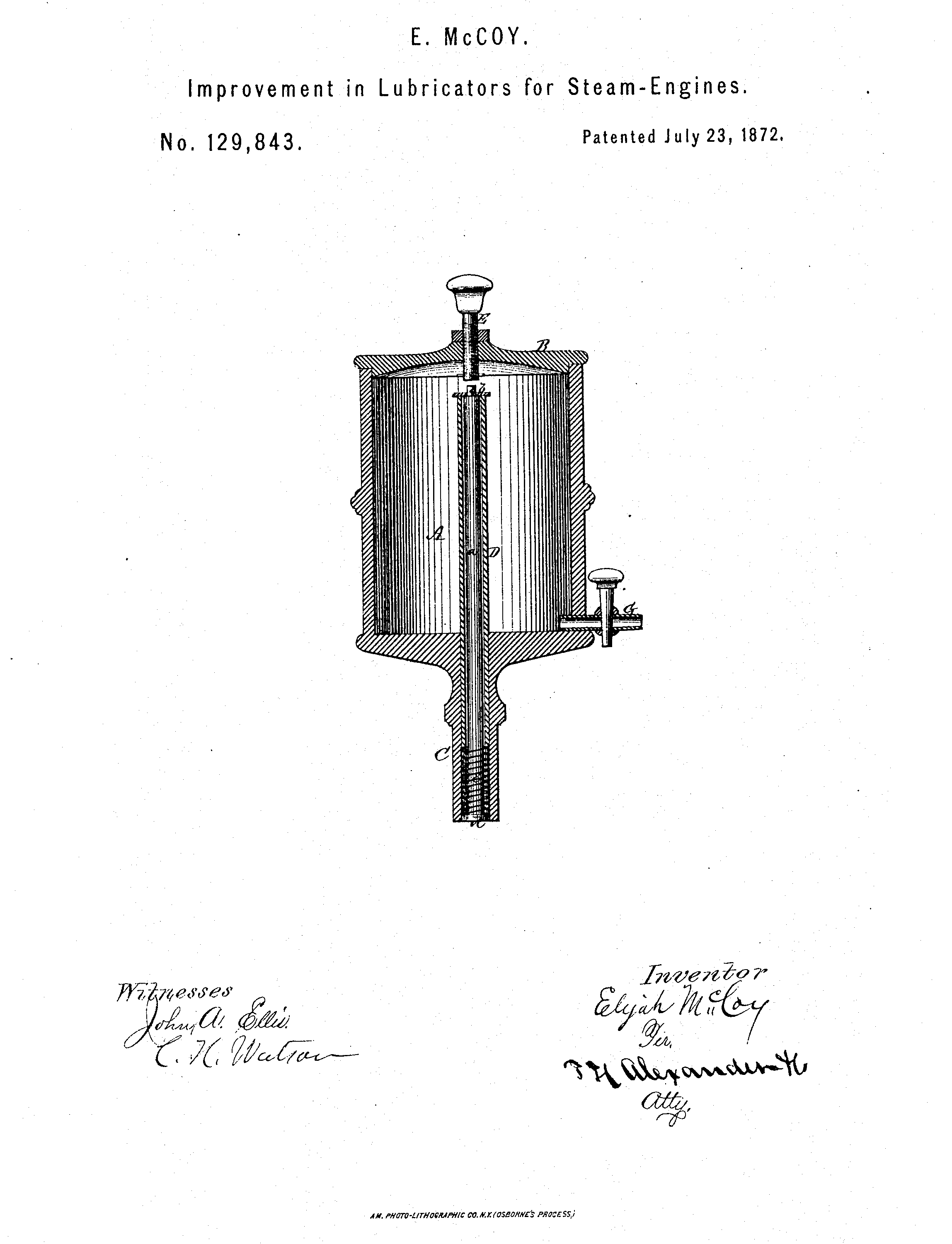 A black-and-white illustration of Elijah McCoy's automatic lubricator for engines.