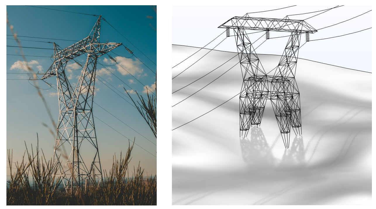 Two side-by-side images of a real-world power line (left) and the geometry of the transmission tower (right).
