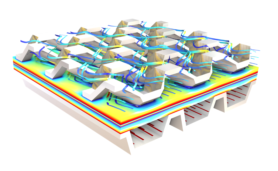 A PEM fuel cell model showing the gas flow fields in the rainbow color table.