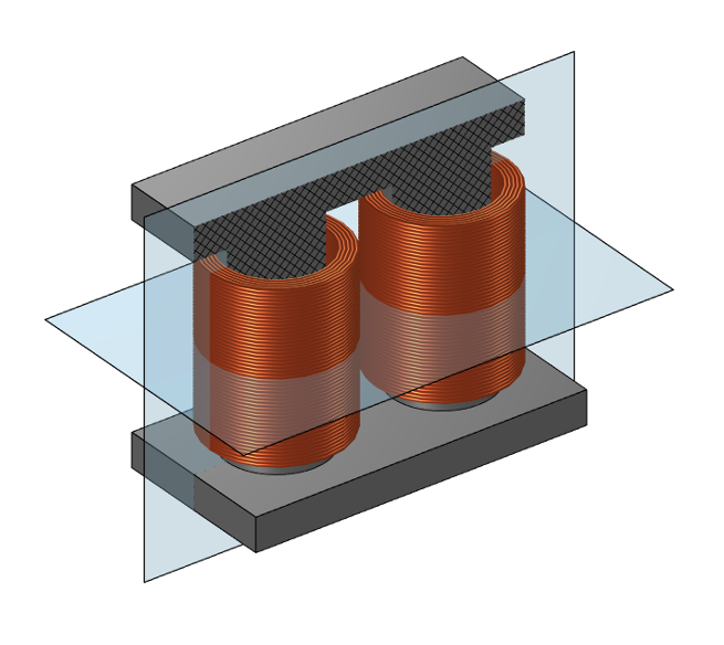 A 3D model of a transformer composed of two identical coils wound around a symmetric core.