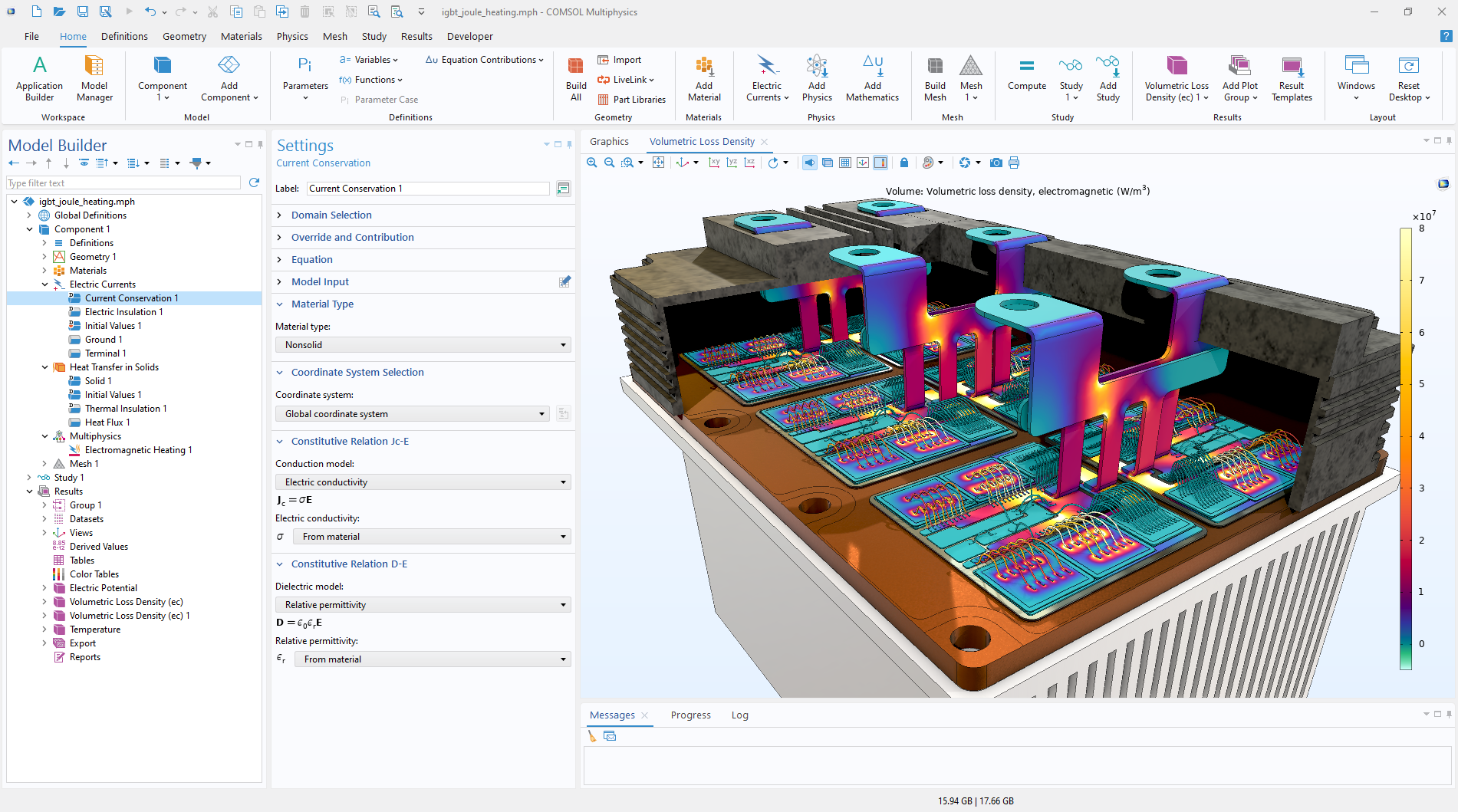 COMSOL Multiphysics 用户界面显示了电流守恒节点（高亮显示）的模型开发器、相应的设置窗口，以及图形窗口的 IGBT 模组模型。