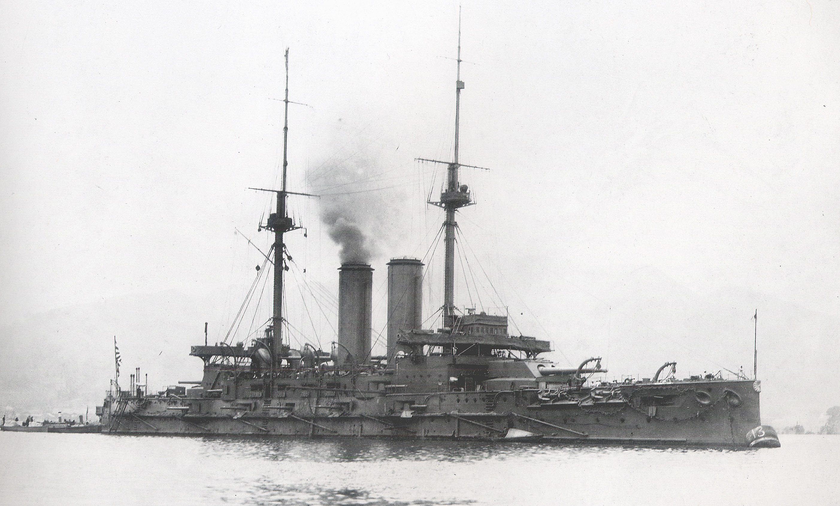 A black and white photograph of the Mikasa in 1905.