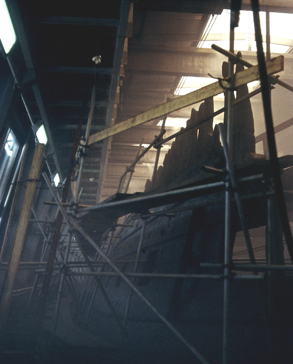 A photograph of the inside of the Vasa during the early part of its conservation.