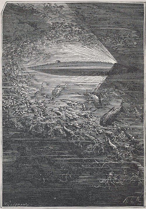 A black and white drawing of the Nautilus from Twenty Thousand Leagues Under the Sea.