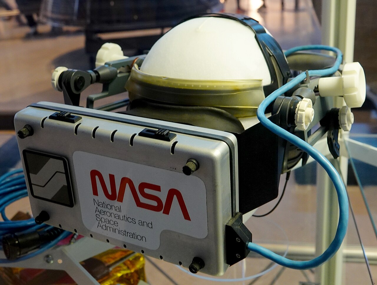 A close-up of an early VR headset prototype.