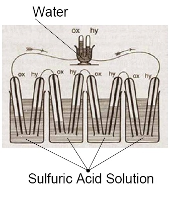 A labeled schematic of a Grove cell, highlighting water and sulfuric acid solution.