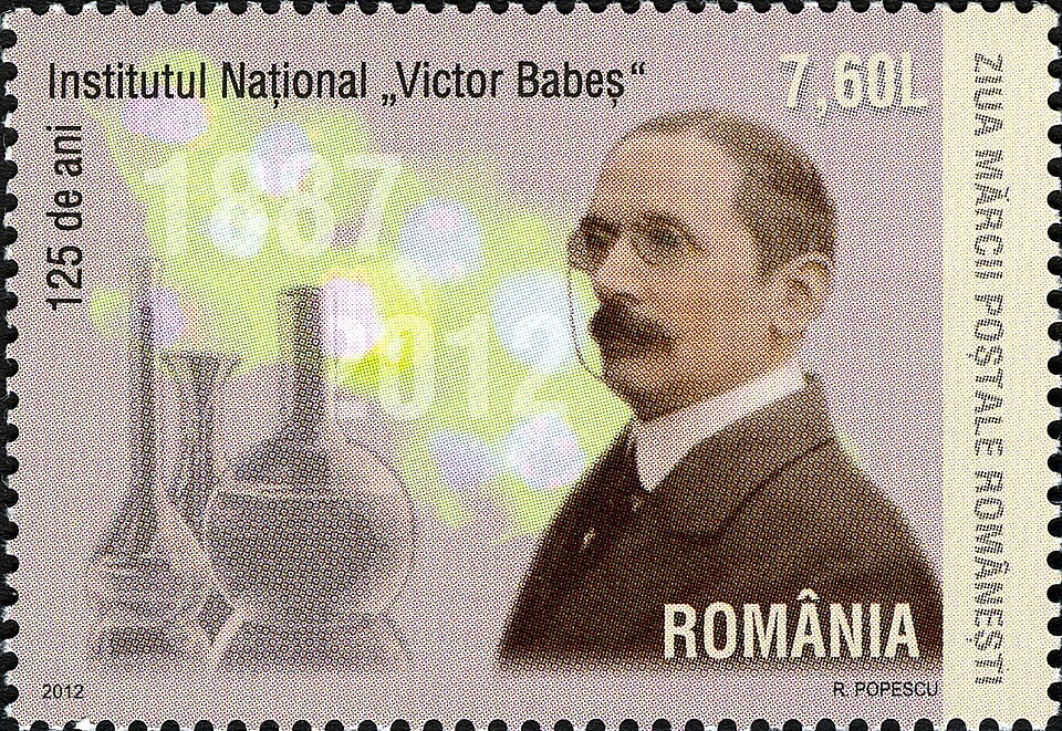 A Romanian stamp featuring Victor Babeș National Institute.