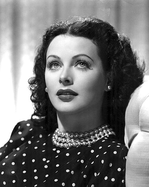 A black and white photograph of Heddy Lamarr.